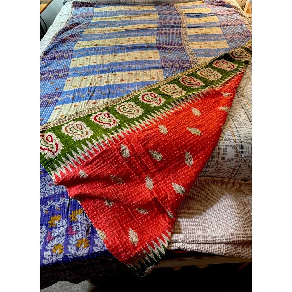 Kantha Quilt Twin Handmade Reversible Indian Cotton Bedspread Throw 86x54 Boho